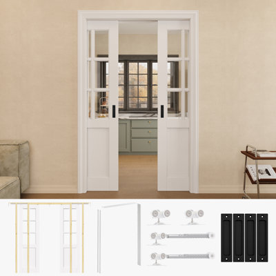 48" x 80" 6-Lite Clear Glass Double Sliding Closet Door with Black Hardware & White Pocket Door Frame / Handle