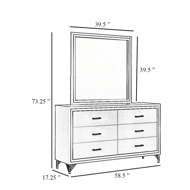 Jenny Wide Dresser With Mirror, Retro Modern Gold Legs, White, White