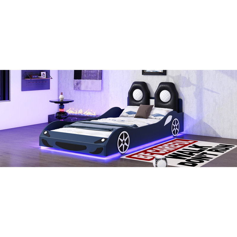 Lit voiture de course bleu simple avec construction en bois massif et éclairage à DEL - atmosphère de sommeil relaxant, Bleu