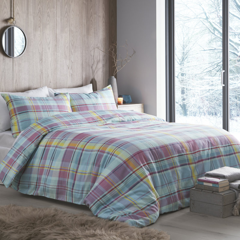 Applecross Check Cotton Chequered Duvet Cover Set with Pillowcases, Single Duvet Cover + 1 Standard Pillowcase, Blue/Pink