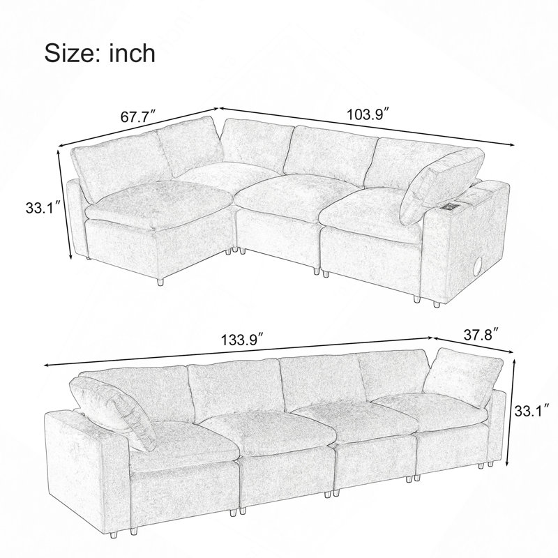 Sectional Sofa, Upholstered Modular Sofa With Storage Space, USB/Wireless Charging And Bluetooth Speaker In Arm, Beige