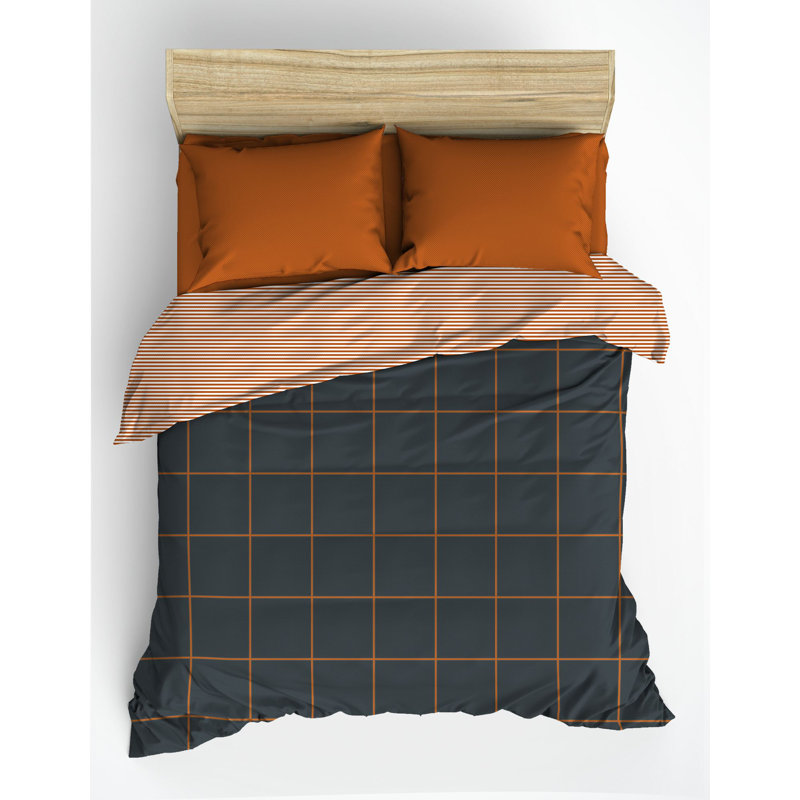 Ensemble de housse de courtepointe de qualité supérieure 100% coton Ranforce, 94,5 po x 86,6 po | Comprend 2 taies d'oreiller (23,6 po x 23,6 po) | Impression réactive, lavable à la machine, fermeture des enveloppes et des boutons, cannelle élégante et bleu foncé