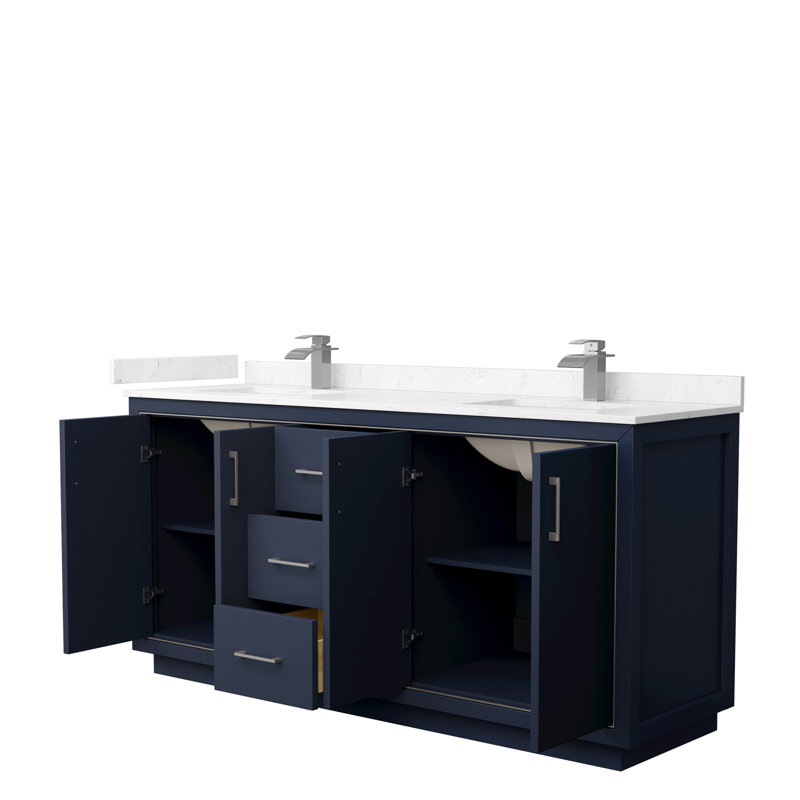 Icon 72" Double Bathroom Vanity Set, Dark Blue, Carrara, Brushed Nickel