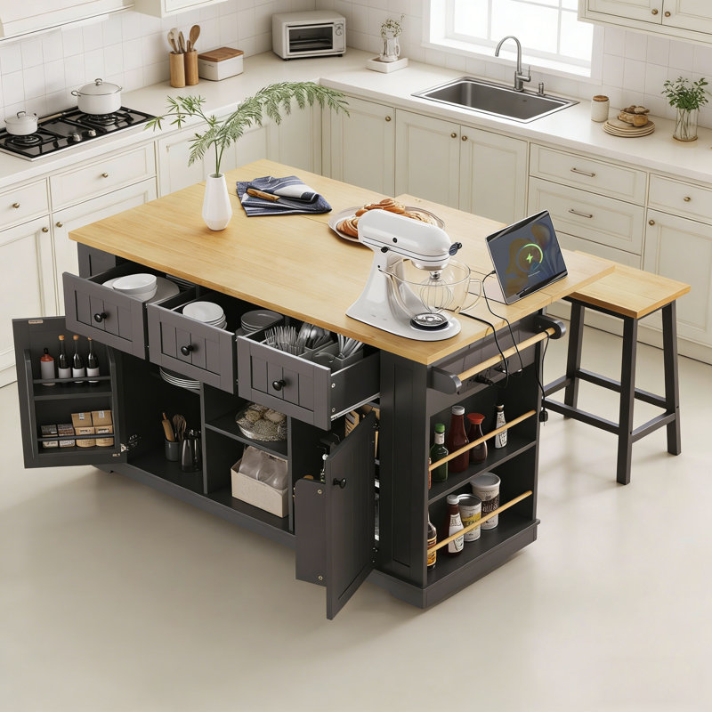 53-Inch Large Kitchen Island With Drop Leaf, Power Outlets, And Ample Storage On 5 Wheels For Versatile Use, Gray