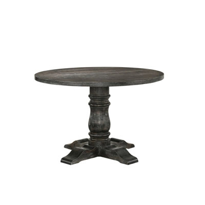 Table de salle à manger ronde avec esthétique grise patinée, conception à piédestal simple, fabrication en placage de chêne noueux, base colonne Empire de 14 po, profondeur de 47 po, largeur, hauteur de 36 po, 99 lb, idéale pour les espaces de 47 po x 47 po x 36 po