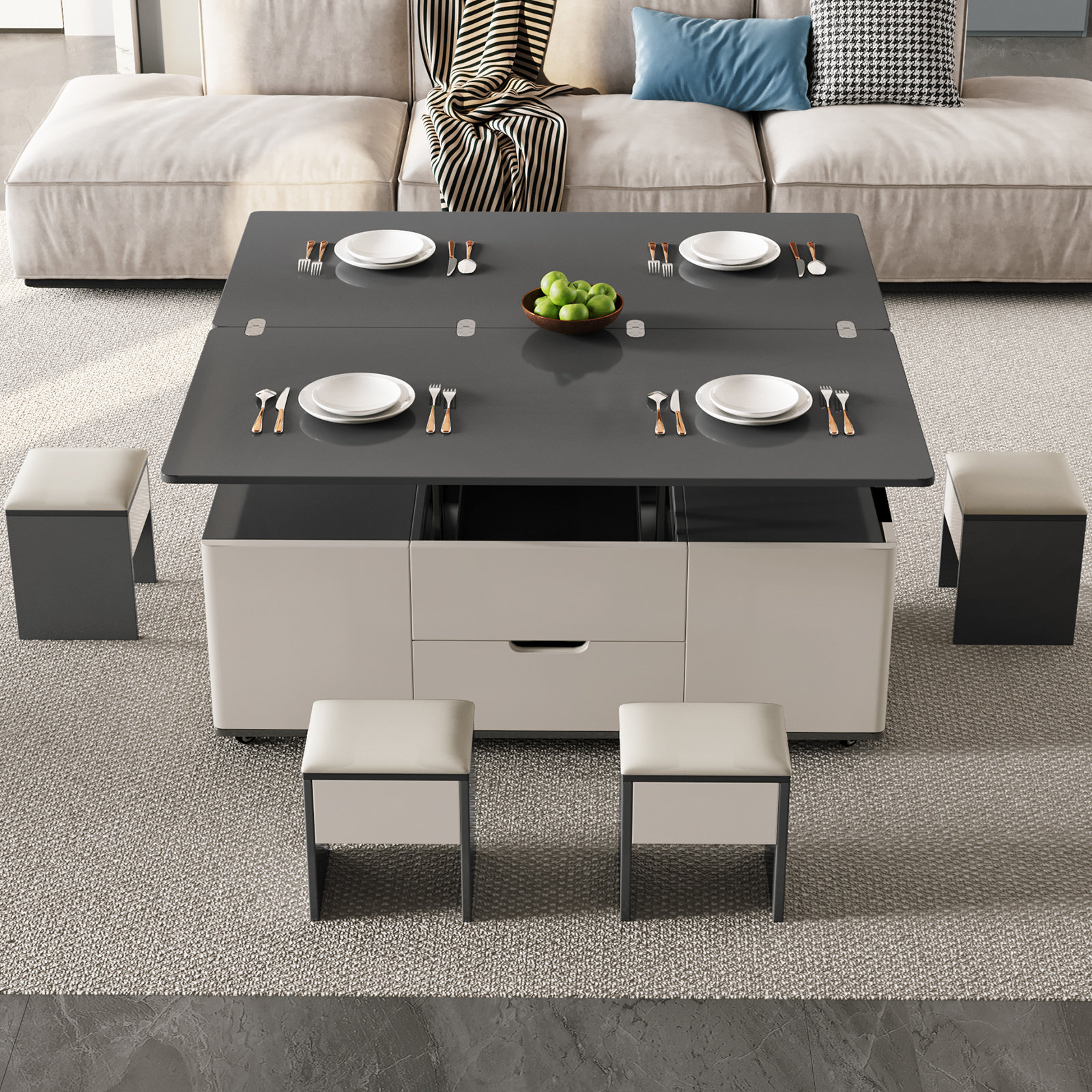 Table Basse Relevable 3 En 1 – Plateau Extensible 120x66,5cm – Mécanisme à Gaz – Blanc – Rangement Tiroir