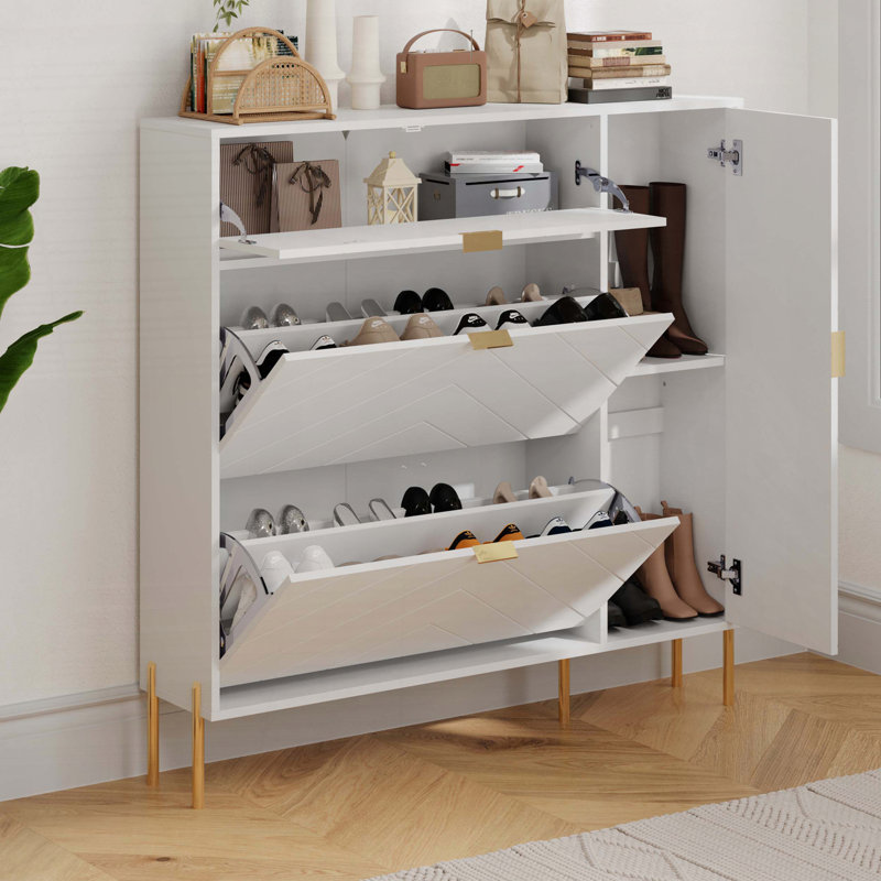 MDF Shoe Storage Cabinet with Flip-up Drawers and Shelves, White