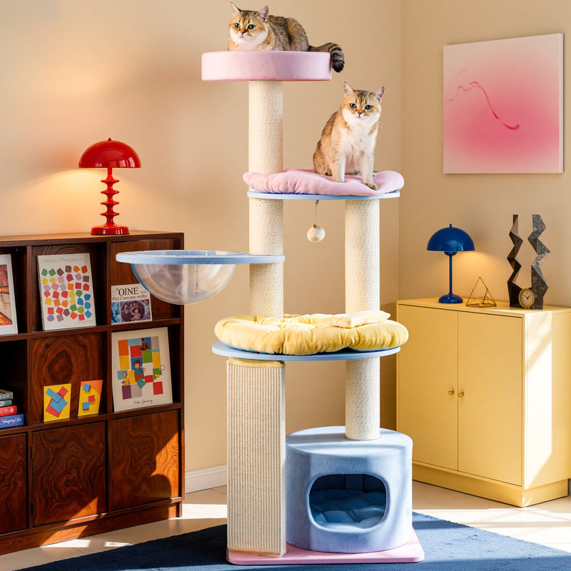 Arbre à chat moderne en bois massif pour grands chats, H 58 po, Macaron