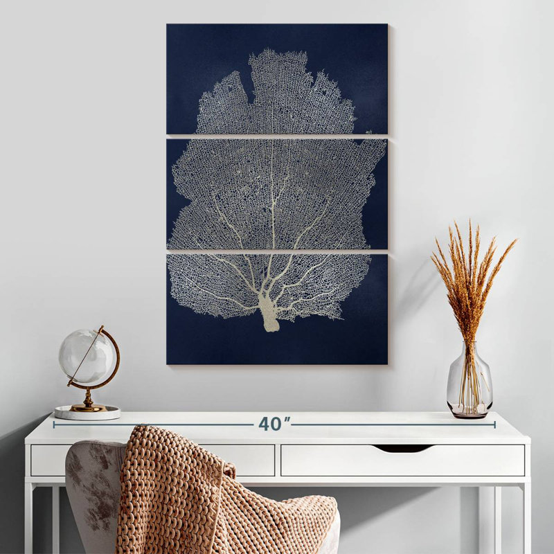 Brampt Sea Fan Silver On Blue I, 32" H x 20" W