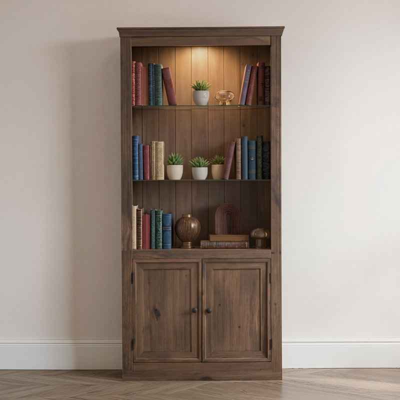 78.89-Inch Four-Tier Farmhouse-Style Display Case With LED Warm Light, Adjustable Glass Shelves And Cabinet Doors, Brown Color.