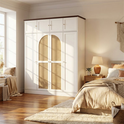 Large-Capacity Wardrobe, 8-door Wooden Storage Unit, Features Hanging Rails, Adjustable Shelves and Wicker-Decorated Doors, 70.87" High, Modern Country Style, White Finish
