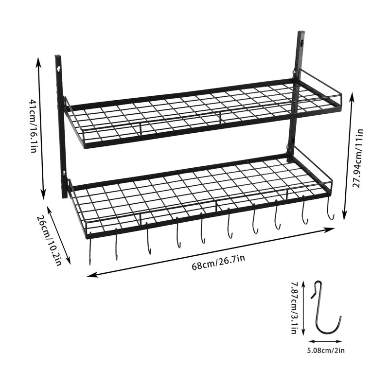26 Inch Wall Mounted Hanging Pot Rack with 10 Hooks