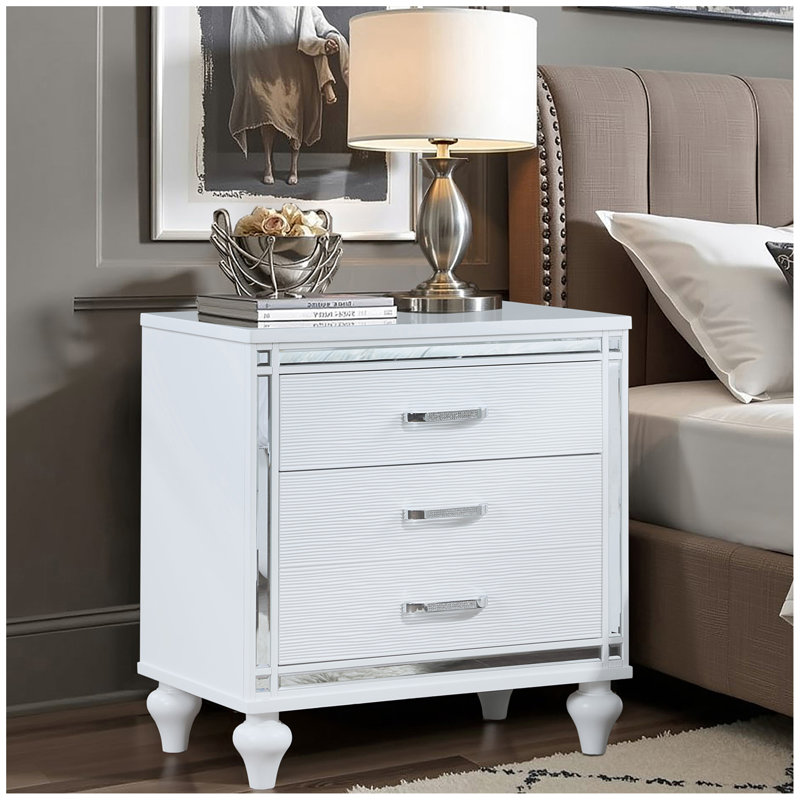 Nightstands with mirror frame accents, Bedside Table with two drawers and one hidden drawer, End Table with Crystal Pull for Living Room,Bedroom, White