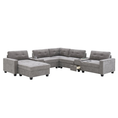 104'' Sectional Sofa With Acrylic Table Top,Chenille U Shaped Couch Set With 2 Consoles,USB Charger,Storage Drawers And Pockets,Movable Ottoman,Tufted Sofa For Living Room,Apartment,2 Colors