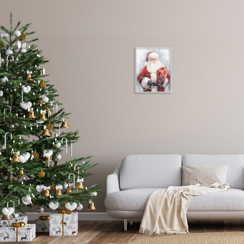 «Santa With Red Gift Single Frame Frame» par Ramona Murdock sur toile, H 20 po x l 16 po, Estampe numérique Farmhouse