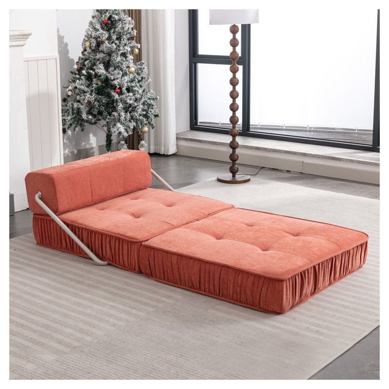 Canapé-lit pliant convertible orange, fauteuil futon rembourré en chenille avec support à ressort