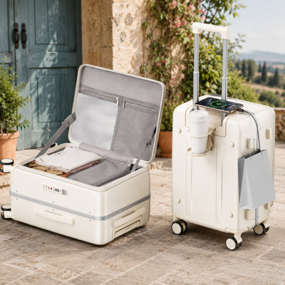 20-Inch Milky White Top-Opening Carry-On with Cup Holder and USB Port, Hard Shell with TSA Lock and Spinner Wheels, Airline-Approved Lightweight, Great Gift for Travelers