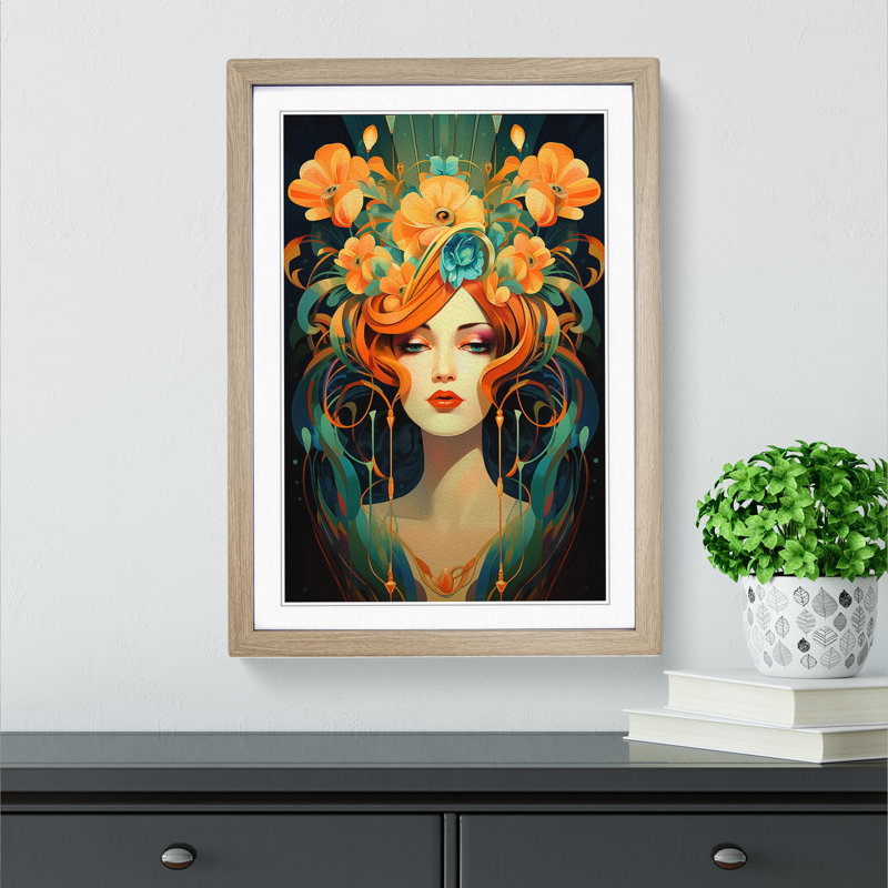 Female Art Deco Art - Framed Print, 46cm H x 34cm W, Oak Framed