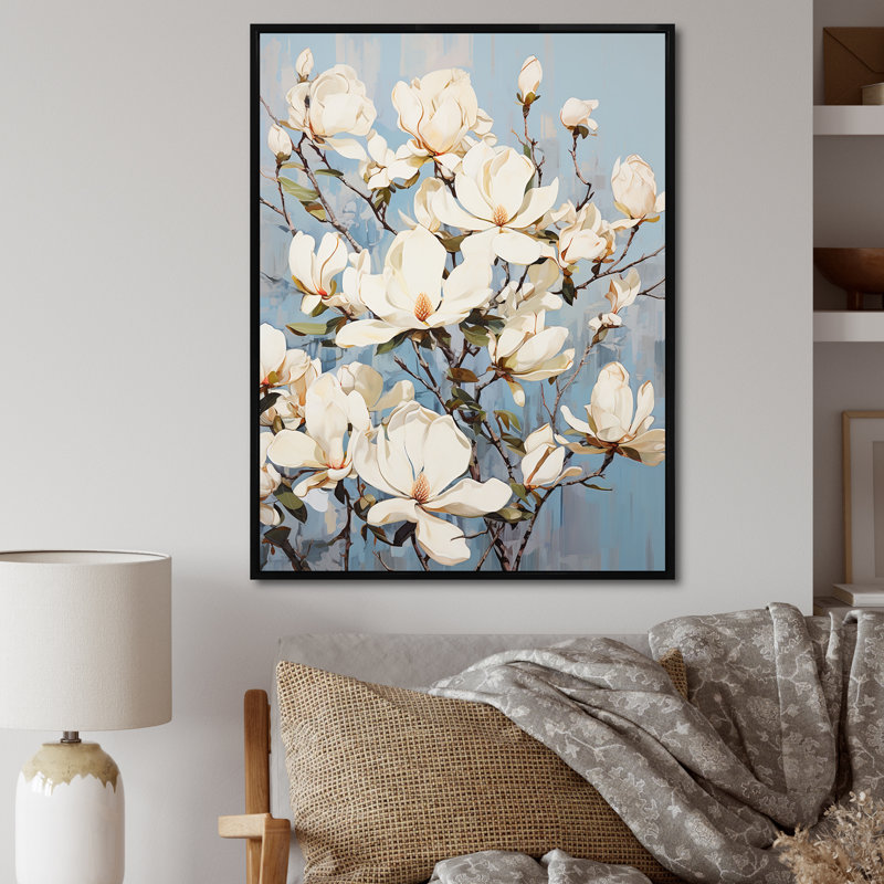 Magnolias en fleurs en blanc, H 32 po x l 24 po x P 1 po, Cadre flottant noir