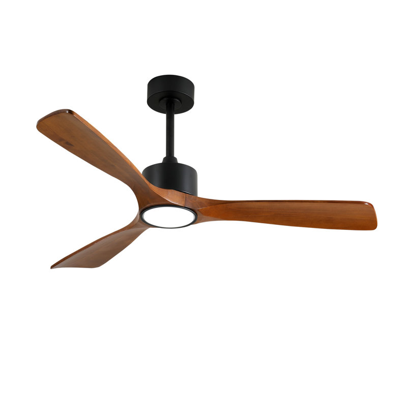 Ventilateur de plafond en bois massif à 3 tiges de 52 pouces avec kit d'éclairage à DEL à intensité variable, 6 vitesses DC, télécommande pour patio, salon, chambre à coucher, bureau, intérieur (noir mat + bois)