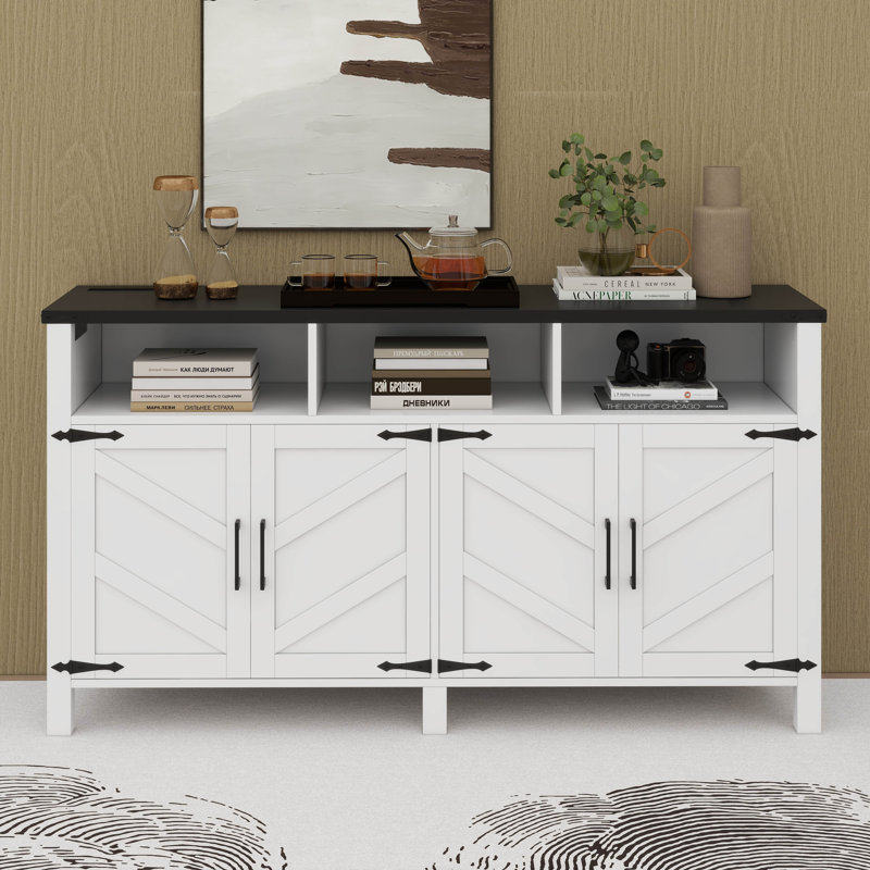 Buffet moderne à 4 portes avec tablettes réglables et armoire de rangement semi-ouverte, Blanc/Noir