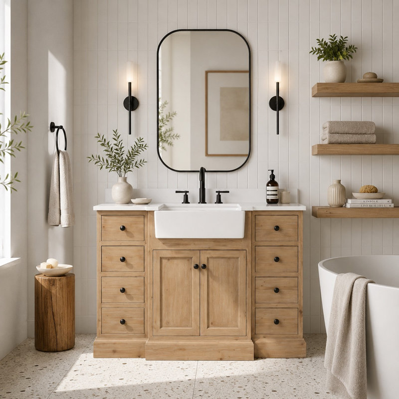 Kelly 48'' Single Bathroom Vanity with Top, White Engineered Stone