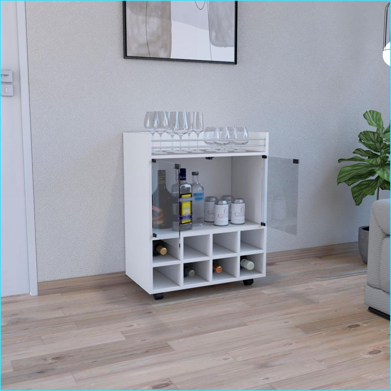 Chariot-bar avec porte-bouteilles, rangement pour porte en verre et 4 roues - blanc neige pour la cuisine / le salon | Blanc | Panneau de particules