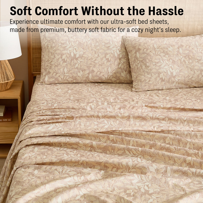 HLC.ME Leaves Printed Floral Bed Sheets - 4 Piece Patterned Bed Sheet Set - Wrinkle Resistant & Soft - Fits Mattresses Up To 15 Inches Deep (King, Taupe)