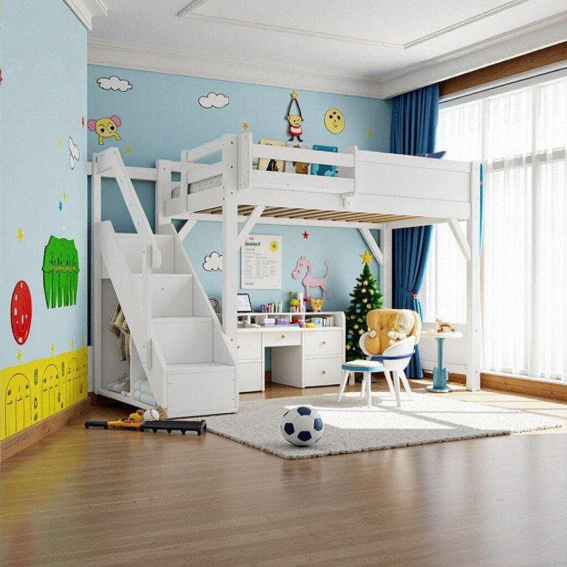 Lit mezzanine double en bois massif Unarosel avec garde-robe intégré, tablettes et escaliers, Lit simple, Blanc clair