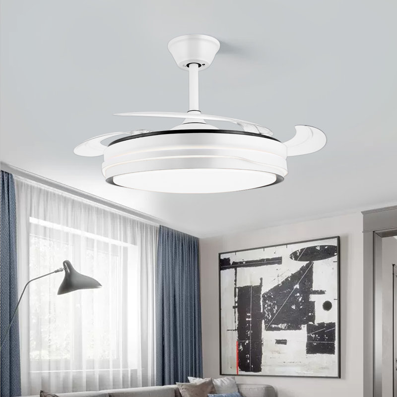 Ventilateurs de plafond rétractables de 47 pouces avec lumières, ventilateurs de plafond à DEL sans pales modernes avec télécommande, ventilateur de chambre à coucher blanc intelligent avec lumière (blanc)