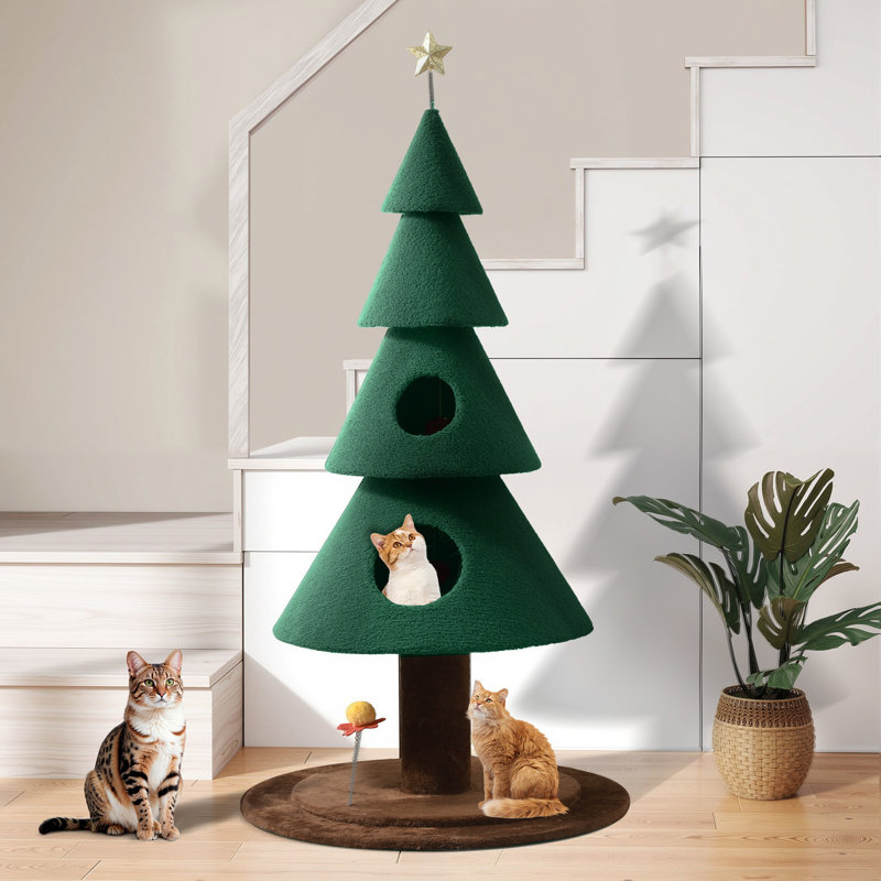Tour de Noël pour chat avec poteau à griffes, arbre à chat mignon avec boule suspendue en peluche, tour de chat pour chats d'intérieur avec condos à chat