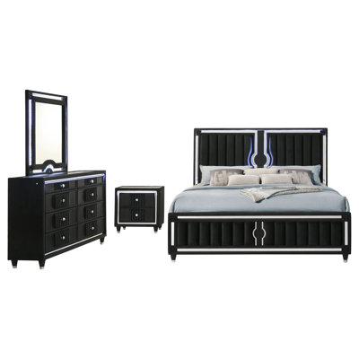 Ravenne 4-Piece Velvet Upholstered Eastern King LED Bedroom Set Black