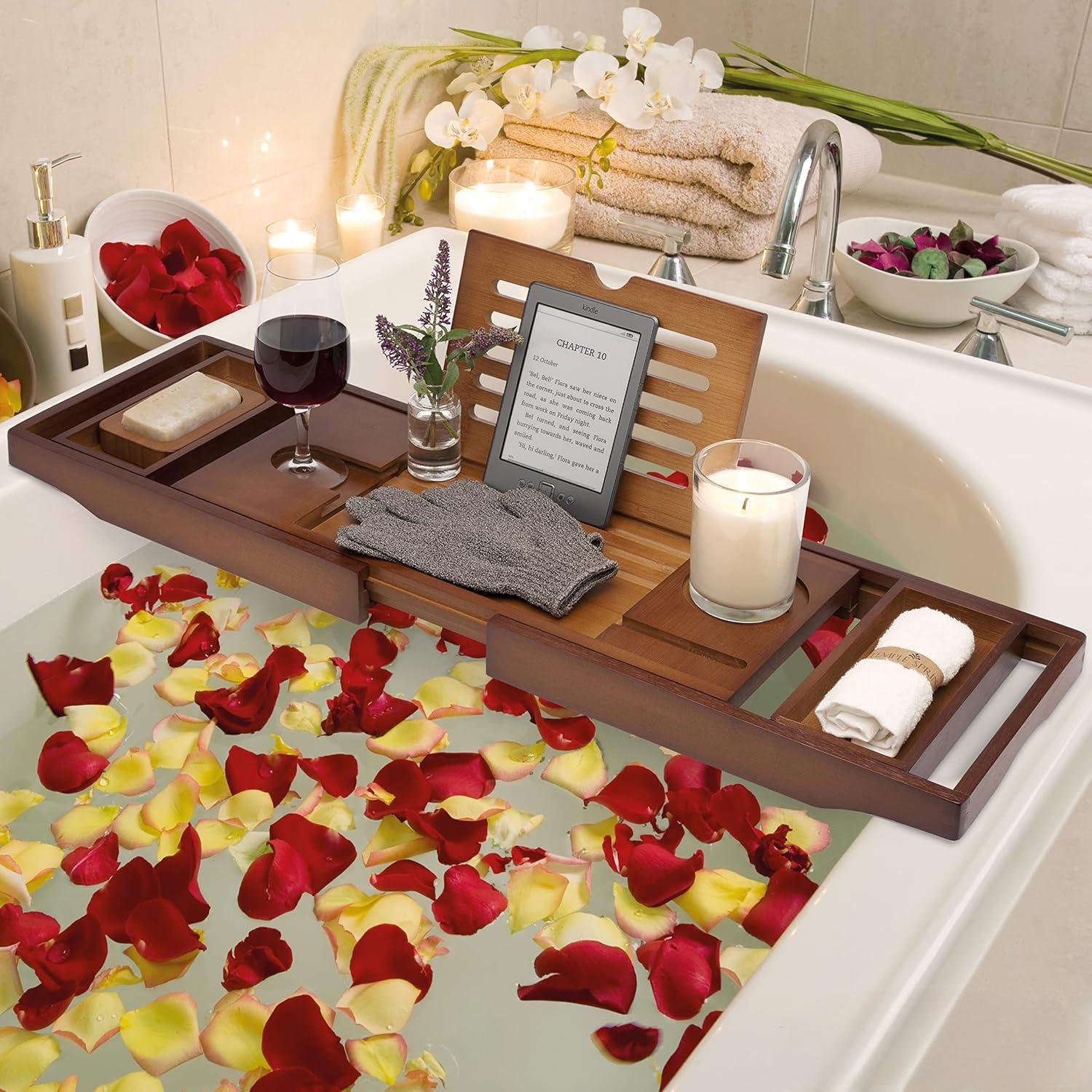 Extendable Bamboo Bathtub Tray Caddy Wooden Bath Organizer Rack Bathroom Book Wine Tablet Holder Reading Shelf Bath Tray