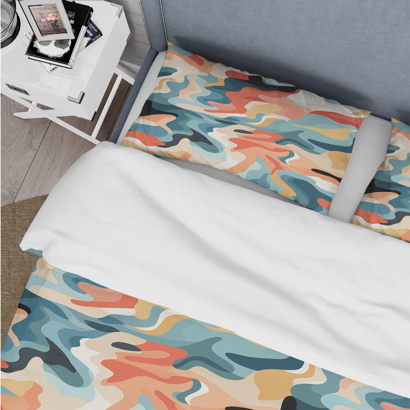 Literie verte et orange Nomad Camo Elegance, Housse de couette pour grand lit et 2 taies décor
