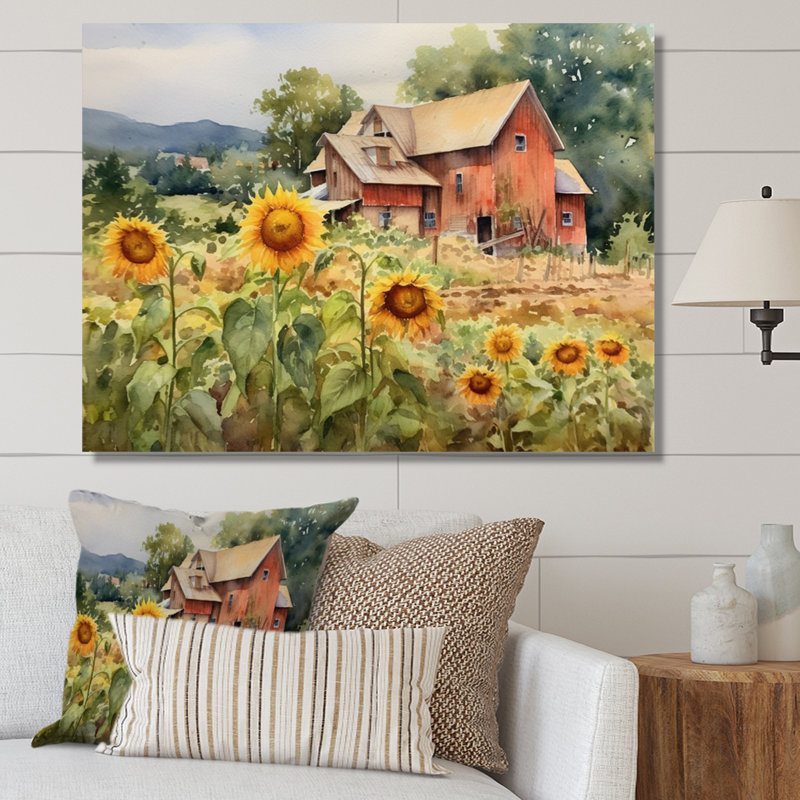 Tournesol doré à la ferme III - art mural floral, H 12 po x l 20 po x P 1 po, Toile tendue