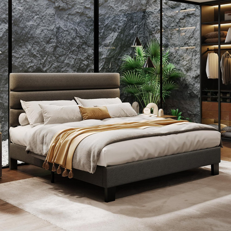Platform Bed Frame with Adjustable Headboard, Fabric Upholstered and Wooden Slats Support, Heavy Duty Mattress Foundation, No Box Spring Needed, Easy Assembly