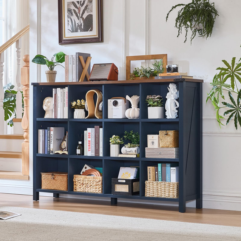 Organisateur de rangement pour 12 cubes, bibliothèque Farmhouse de 62 pouces de large, grande bibliothèque ouverte en bois à 3 niveaux, bibliothèque rétro pour le bureau personnel, armoire à casiers pour le salon, la chambre à coucher