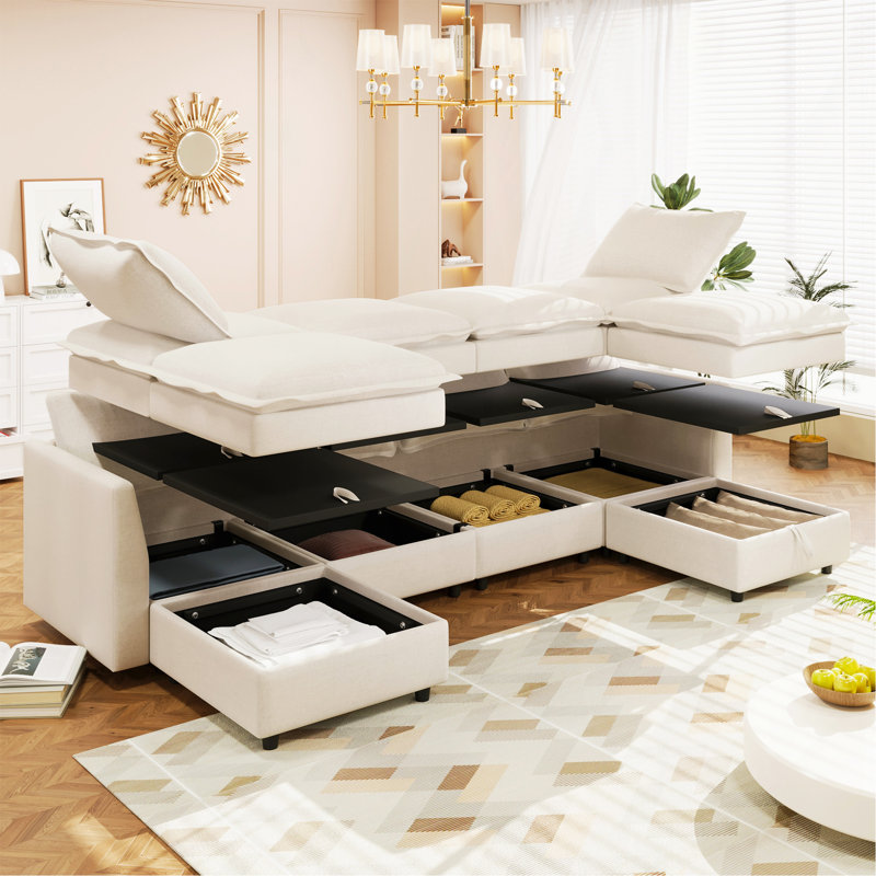 Canapé-lit modulaire polyvalent 6 pièces avec rangement, Polyester beige