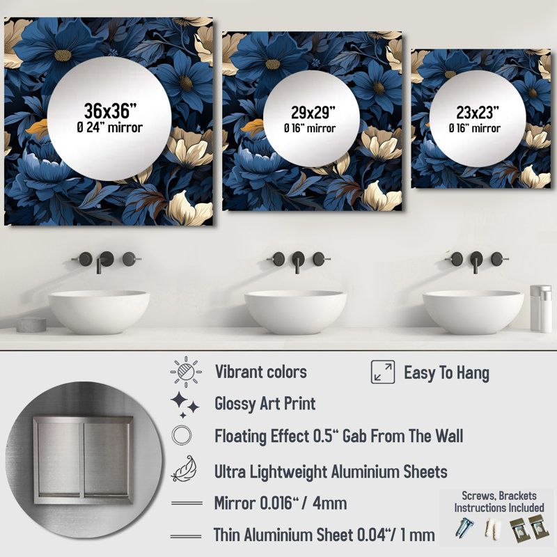 Nightfall - Motif floral bleu foncé et blanc - Miroir floral carré pour décoration murale, 23 po x 23 po