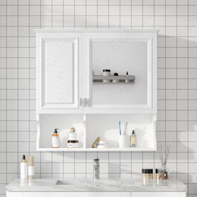 Armoire à pharmacie à miroir de 30 pouces avec tablettes ouvertes, rangement mural avec portes et miroir, tablette réglable, armoire de rangement pour salle de bain au-dessus de la toilette