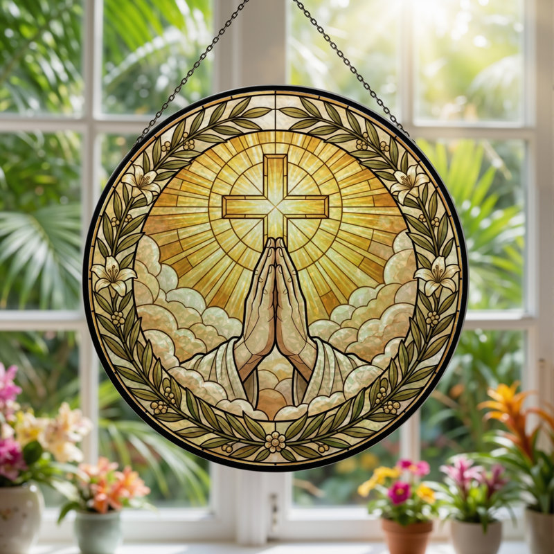 Vitrail en verre teinté priant ， H 12 po, 12"H