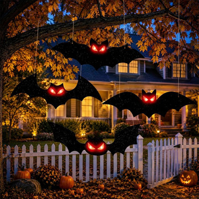 4PCS Lighted Halloween Hanging Bats with Red Glowing Eyes, Waterproof Spooky Bat Decorations for Indoor & Outdoor Party Yard Decor