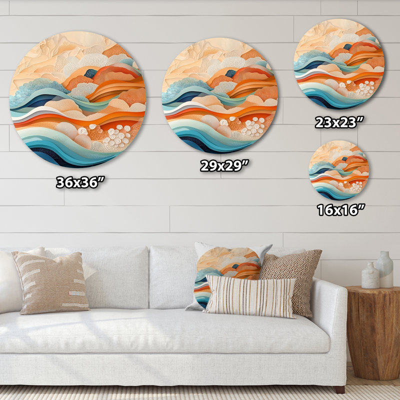 Aldan - Modern Waves, art mural rond en métal pour le salon, H 16 po x l 16 po