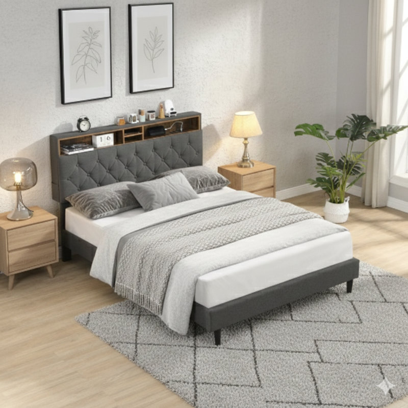 Structure de lit tapissier très grand avec une tête de lit en lin capitonnée moderne. Comprend des ports USB, une station de charge pratique et deux poches latérales. Ne nécessite pas de sommier. Disponible en gris foncé.