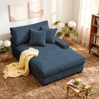 Oversized Upholstered Blue Chenille Chaise Lounge with Armrests & Throw Pillows
