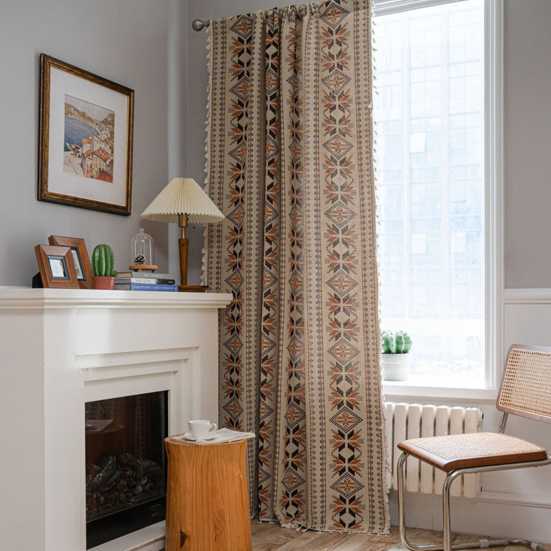 2pcs Curtains Geometric Patterned Coffee Brown Drapes Tassel Window Curtain, 59" W x 63" L