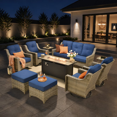 10-Piece Wicker Patio Conversation Set with Swivel Rocking Chairs and 50,000 BTU Fire Pit Table