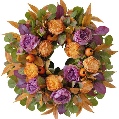 Harvest Fall Wreath for Front Door with Orange and Purple Peonies, Rustic Farmhouse Autumn Eucalyptus Leaf Wreath for Thanksgiving, Halloween, Porch, Entryway, Mantel & Wall Decor