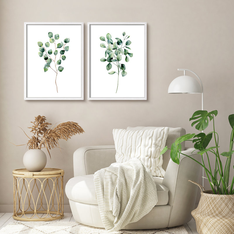 «Green Botanical Plants», œuvre d'art moderne, affiches encadrées, salle de bain, Blanc / Blanc, H 14 po x l 11 po