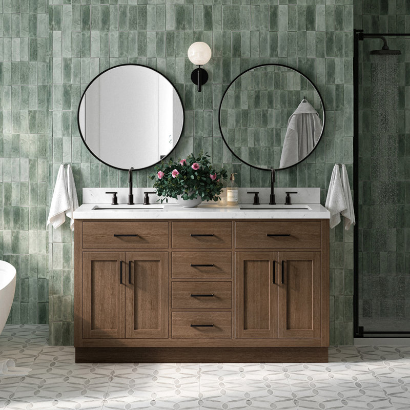 Thornaby  Solid Wood Double Bathroom Vanity with 1.5'' Carrara Quartz Top, Rectangular, Brown Oak / Matte Black